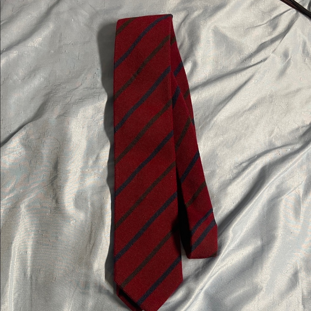 Petronius handmade rich crimson silk tie accented with olive striping